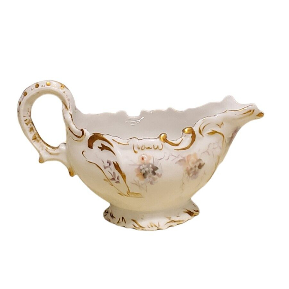 Vtg Limoges Creamer Serveware Ceramic Porcelain White Gold Trim Flowers France - Picture 1 of 5
